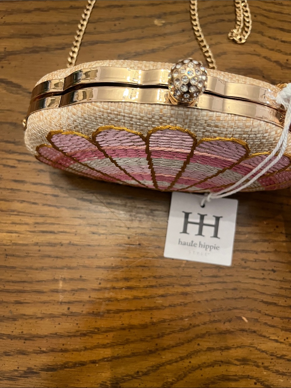 Haute Hippie Pink & Cream Shell-Embroidered Clutch with Gold Chain - Picture 6 of 15